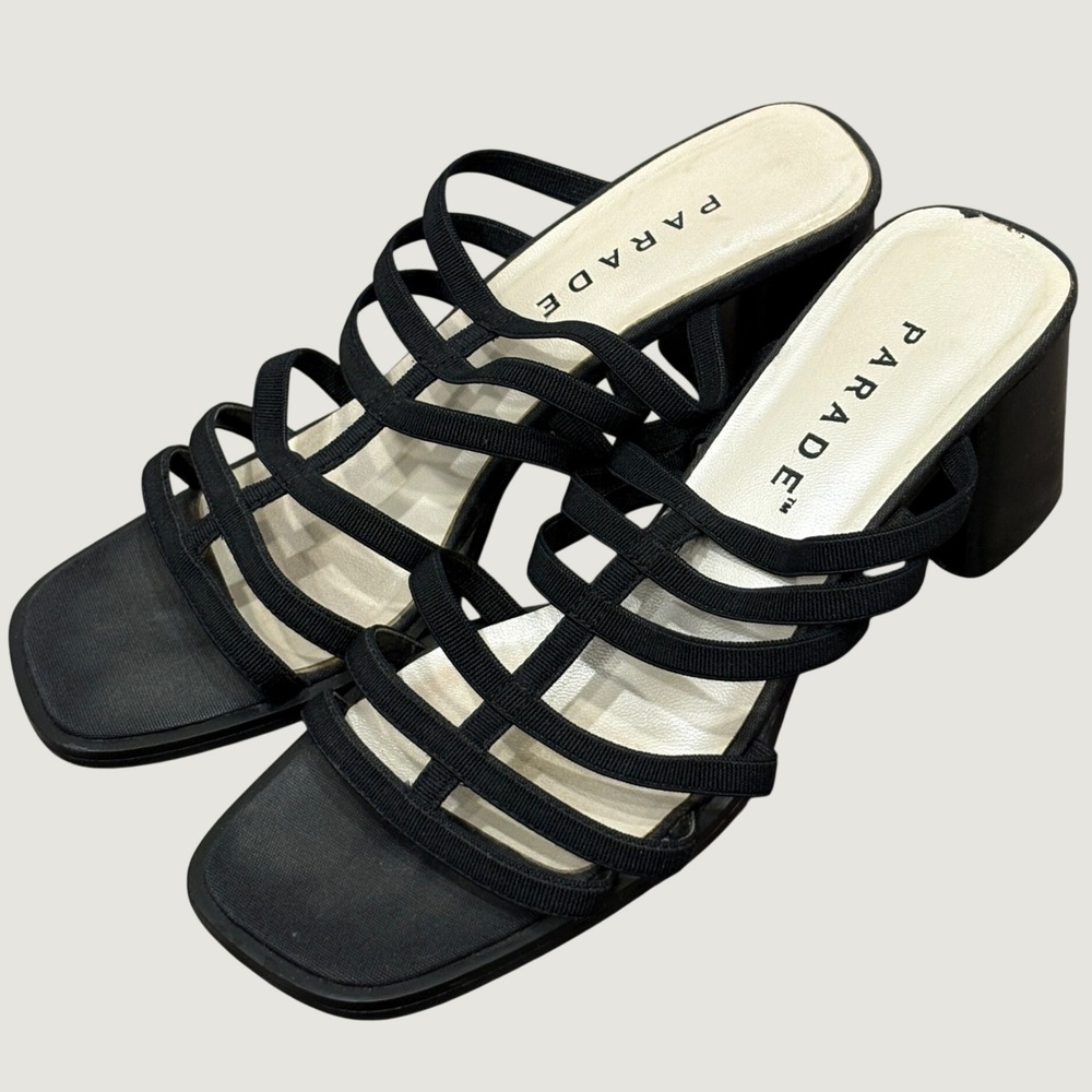 Y2K 90s Parade Black Strappy Chunky Block Heel Square Toe Mule Sandals 6.5 Party